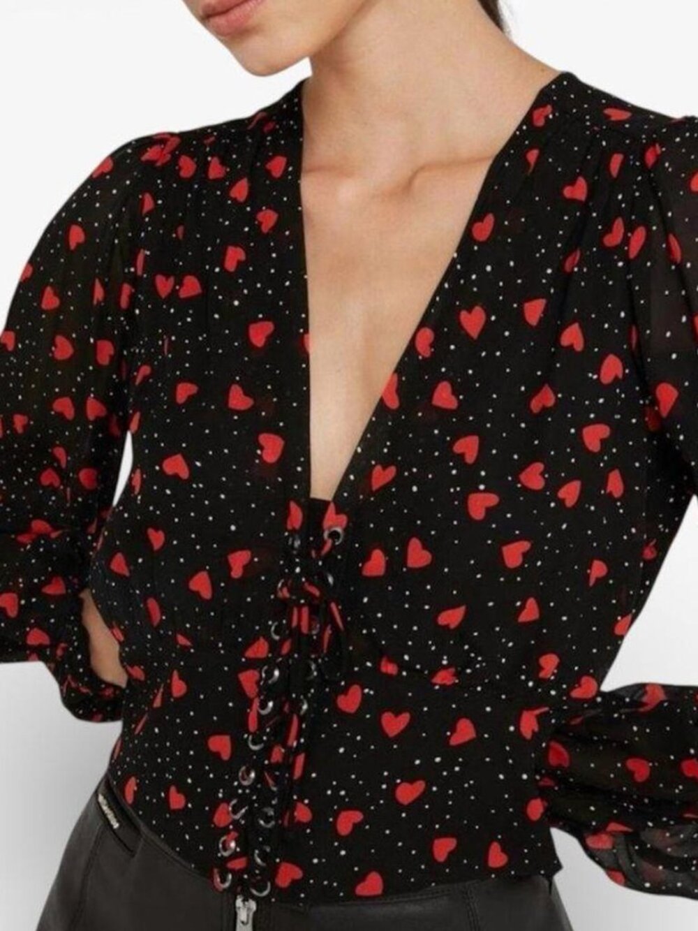 The Kooples Paris, black & red heart print, v-neck blouse, lace up corset, Sz 1